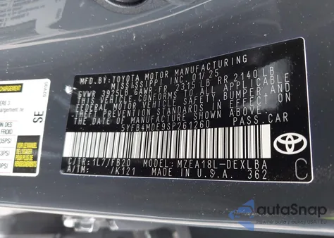 2025 Toyota Corolla Le из США, поврежденный, VIN 5YFB4MDE9SP261260